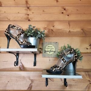 Michael Kors Evie Hair Calf Leather Cheetah Print Platform Heeled Sandals‎ Sz 8M